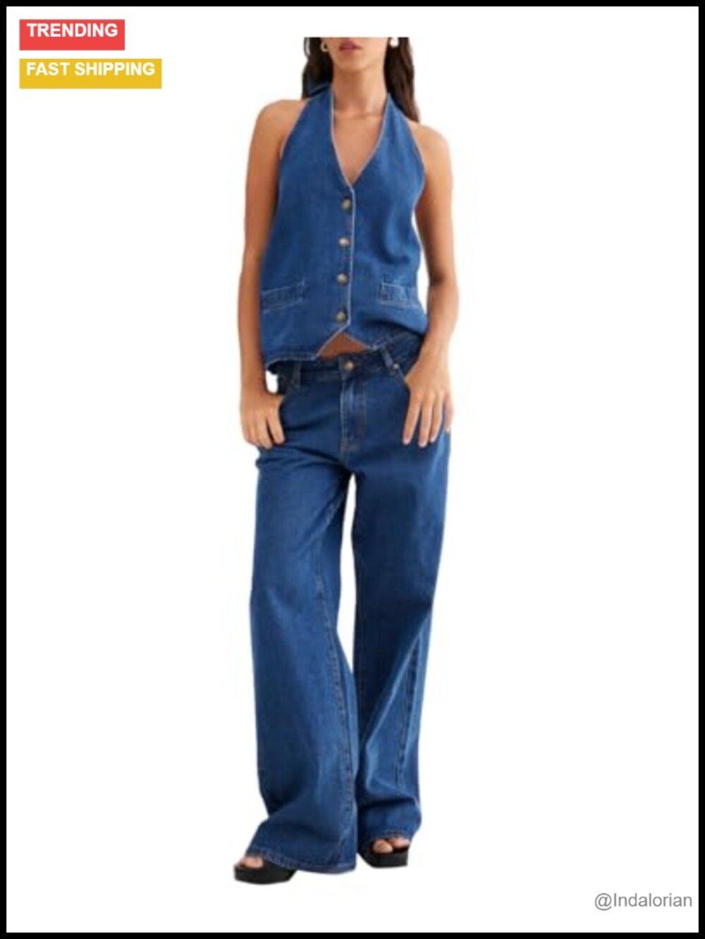 Cotton Blend Denim Two Piece Set Button Down Backless Tank Wide Leg Jeans
